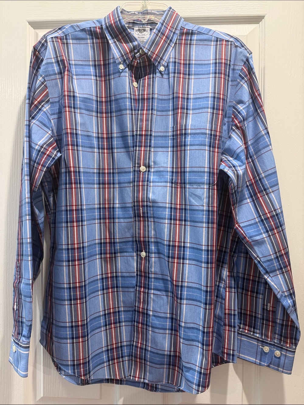 Brooks Brothers Blue Plaid Button-Down Shirt with Red and White Accents